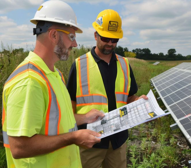 Several male engineers discuss the construction of a solar power plant